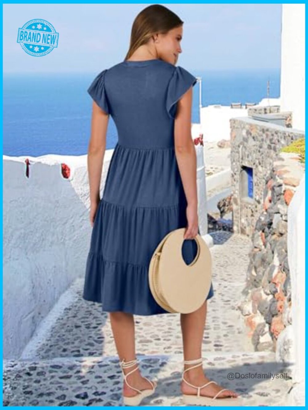 V Neck Ruffle Sleeve Tiered Midi Dress Flowy Casual Boho Beach Vacation Summer - Picture 6 of 7